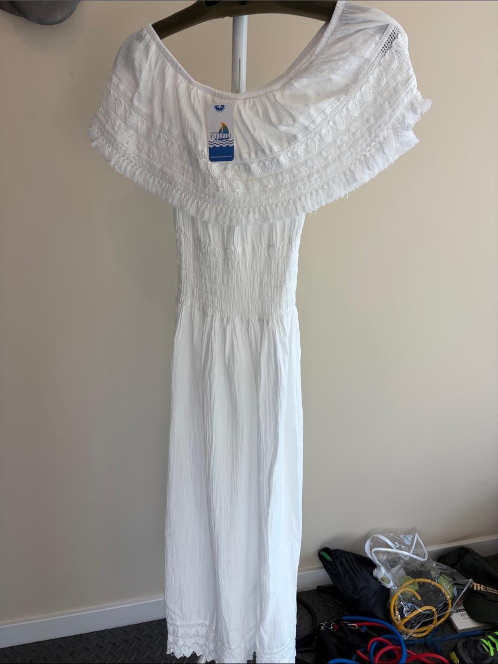 White Off-Shoulder Maxi Dress with Lace Trim